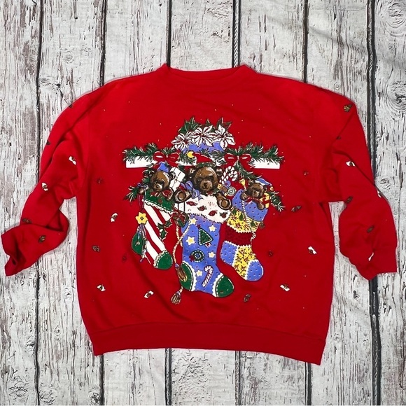 Vintage 80s Holiday Time Bear Stocking Xmas Ugly Sweater Party Sweatshirt - Picture 1 of 5